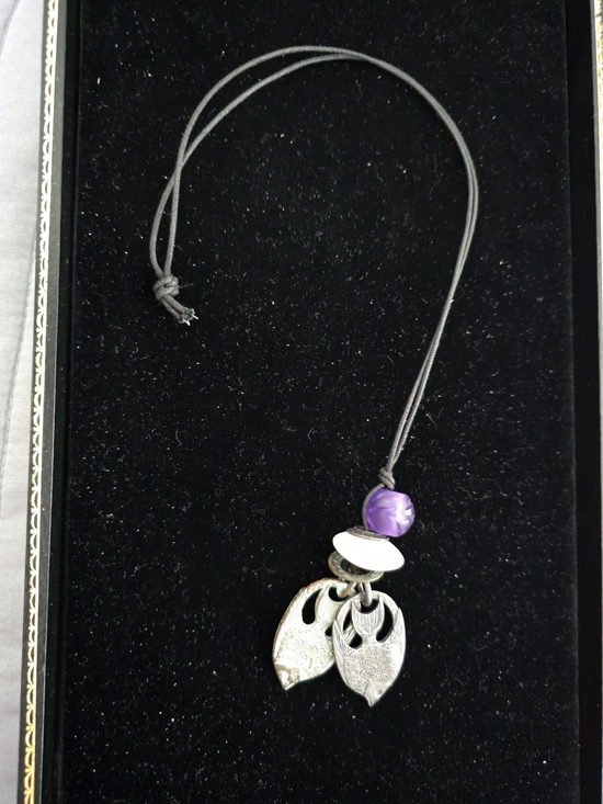 Jewelry - Purple Bead Pendant Necklace with Silver Leaf Charms